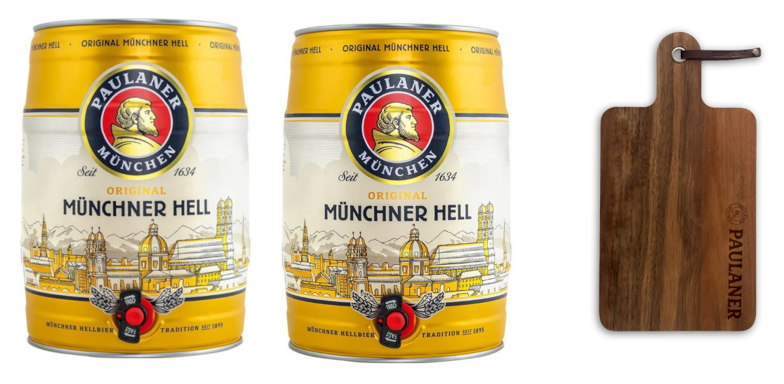 PAULANER Set 2 x 5 L Bierfass + Brotzeitbrettl