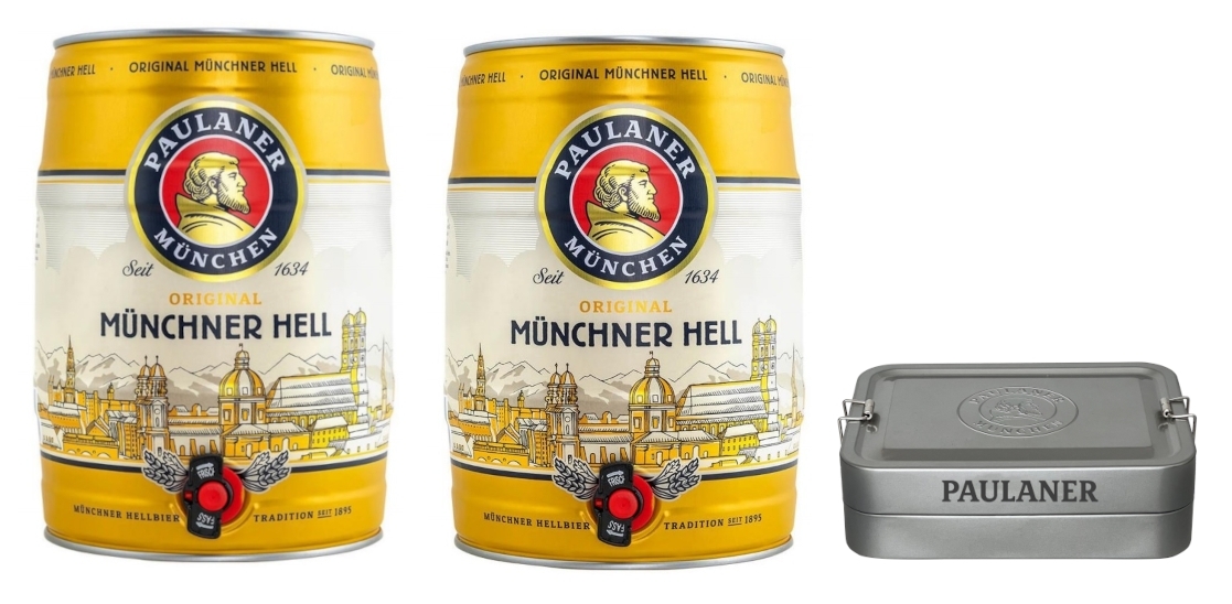 PAULANER Set 2 x 5 L Bierfass + Brotzeitdose